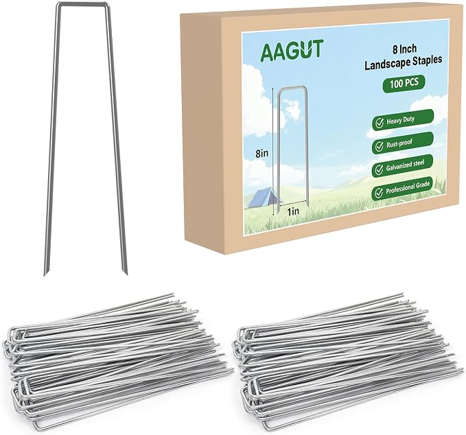 AAGUT Landscape Staples 8 Inch 11 Gauge Garden Staples 100 Pack, Galvanized Heavy Duty U-Shaped Sod Pins,Yard Ground Lawn Fence Stakes for Weed Barrier Fabric Irrigation Tubing