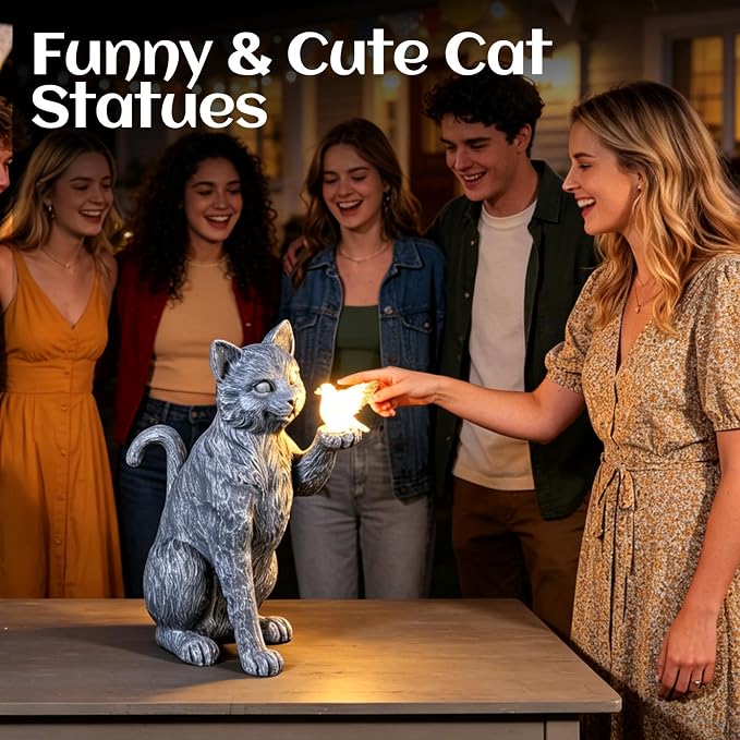 Solar Cat Garden Outdoor Statues, Cat Sculpture with Glowing Bird Light, Lawn Decoration, 10 Inches Tall, for Patio, Balcony, Garden, Yard, Birthday Gift for Mom, Grandma and Women