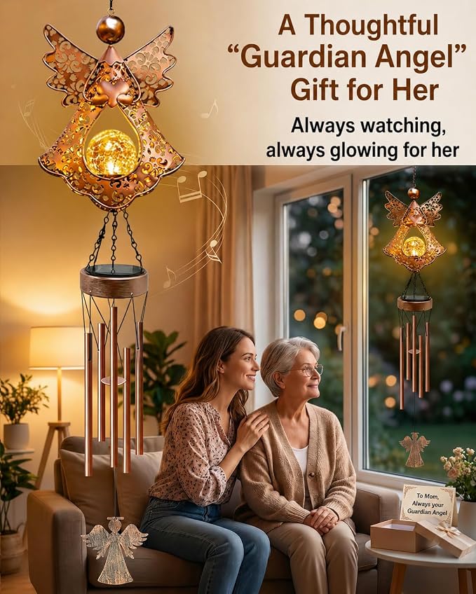 Solar Angel Wind Chimes for Outside: Melodious Birthday Gifts for Mom Women Grandma Her Wife - Weatherproof Metal Outdoor Decor Easy Hanging for Garden Patio Tree Window Memorial