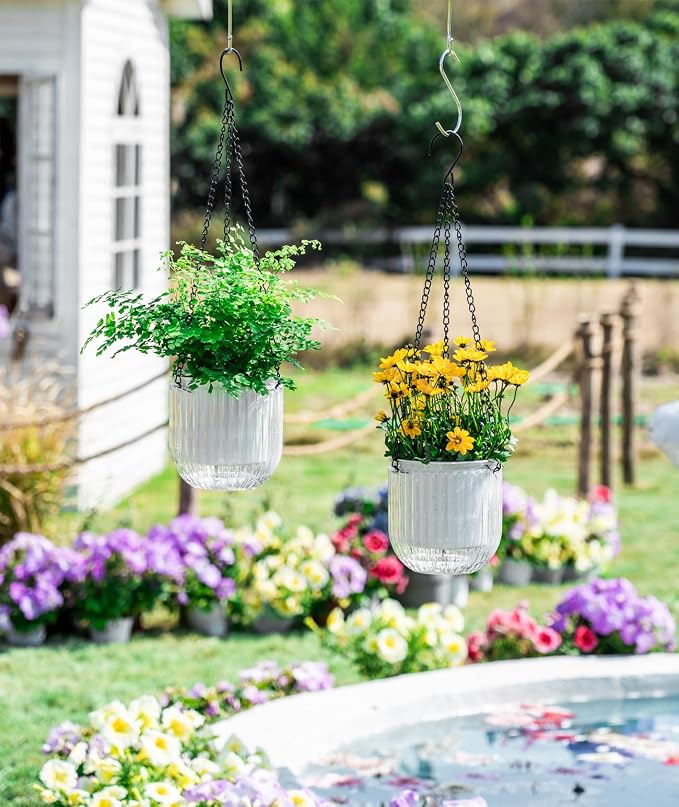Melphoe 2 Pack Self Watering Hanging Planters Indoor Flower Pots, 5.3 Inch Outdoor Hanging Basket, Plant Hanger with 3Hooks Drainage Holes for Garden Home (White)