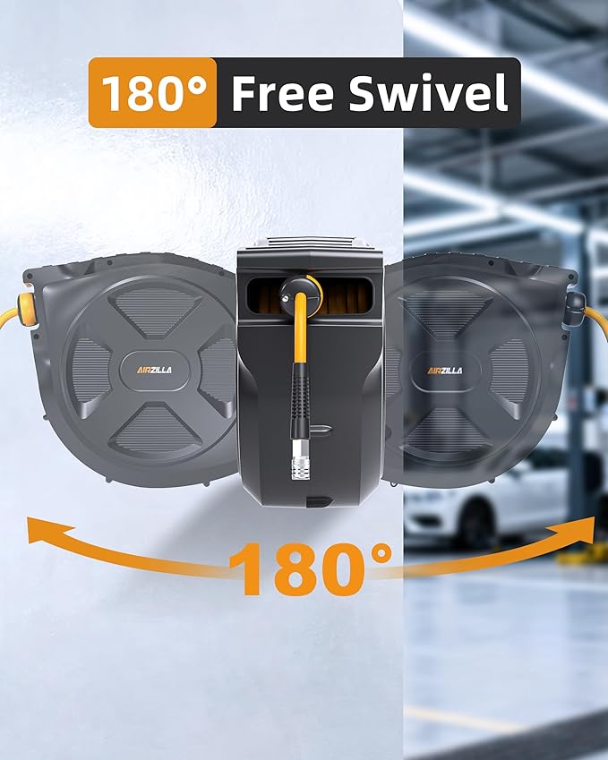 Retractable Air Hose Reel, 3/8" x 80Ft Flex Hybrid Air Hose Max 300PSI Kink-resistant Air Compressor Hose Reel Auto Rewind with 6Ft Lead in, Quick Connect, 180° Swivel Mounting Kit.