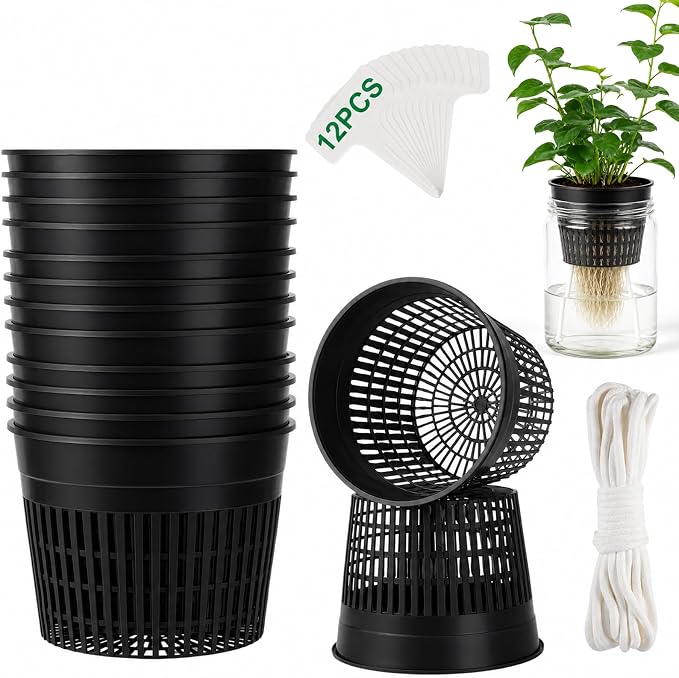 Net Cups Hydroponics 12 Pack 6 Inch Mesh Net Pots with 30 Ft Wick Cord & 12 Plant Labels, Slotted Cups for Healthy Root Growth, Indoor Hydroponic Growing & Aquaponics Systems