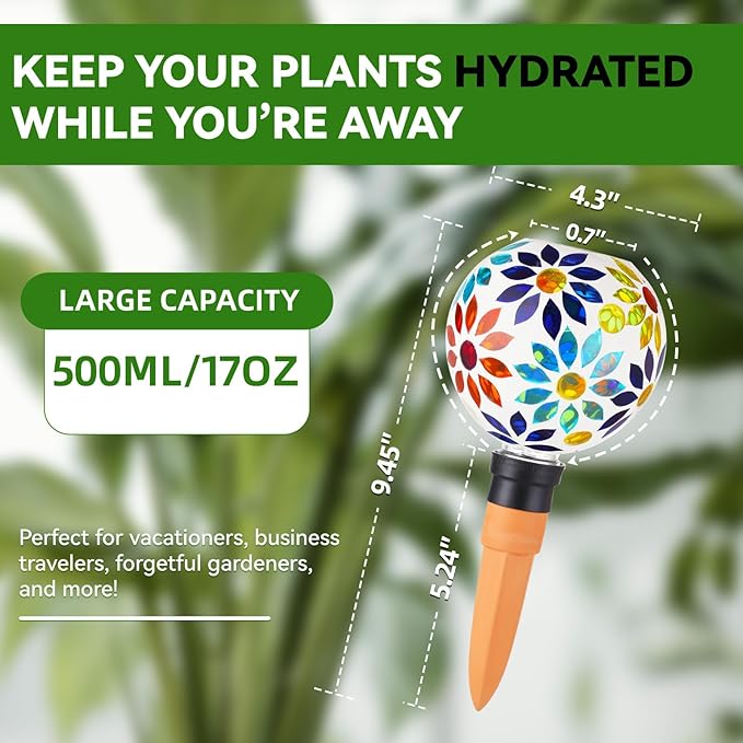 VOREEN Mosaic Glass Plant Watering Globes 2 Pack 500ml with Terracotta Spikes, Handmade Self-Watering Stakes for Indoor/Outdoor, Gift for Garden Lover,Multi Colored Flowers