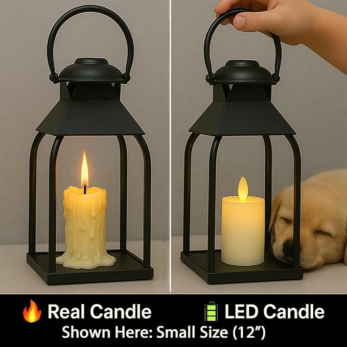 Decorative Metal Lanterns Indoor Outdoor, Candle Holder for Porch, Patio, Fireplace, Floor, Wedding, Christmas, Fall, Holiday, Farmhouse Table Centerpiece (Black, Set of 3 20" 15.7" 12")