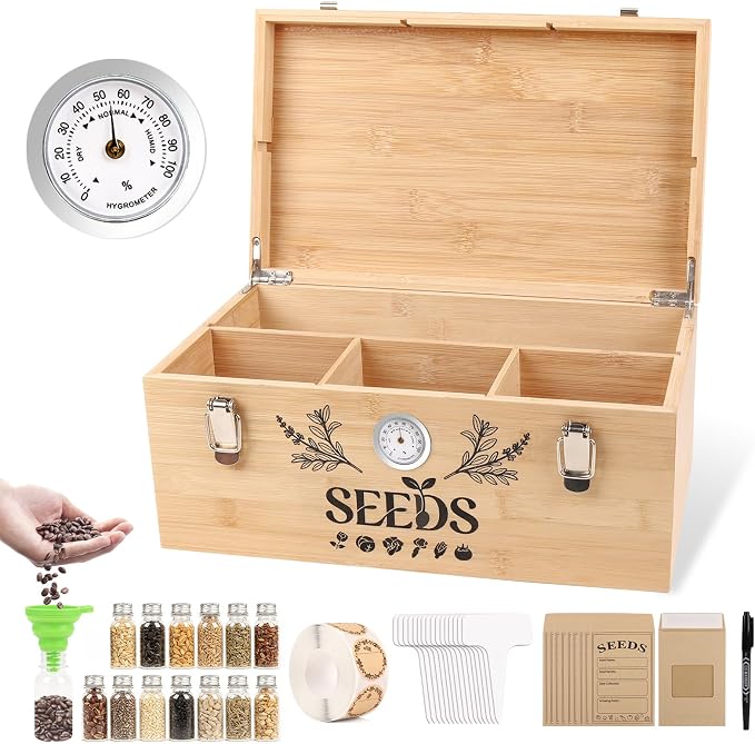 Seed Storage Organizer Box with Built-in Hygrometer, Natural Bamboo Seed Saving Box with Seal Design Lid, Safety Lock & Solid Handles, Extra Seed Envelopes and Labels – Great Gift for Gardeners (Wood)