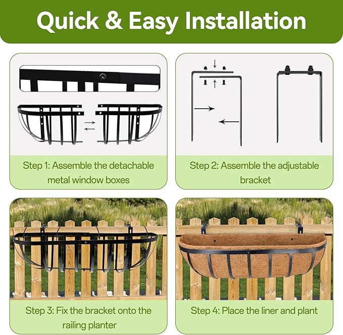 Halatool 24 Inch Railing Planter Box, 2 Pack Window Boxes Planters, Balcony Flower Boxes with Coco Liner & Adjustable Brackets, Trough Planter Box for Outdoor Fence, Deck, Porch & Garden