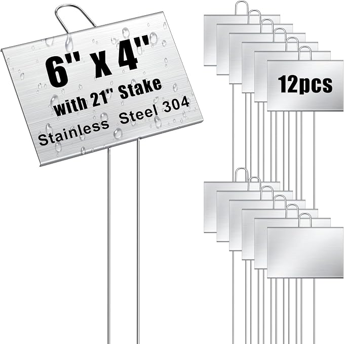 Landhoow 12 Pcs Large Garden Plant Markers Metal Plant Labels Sign 6'' x 4'' with 21'' Stake Weatherproof Waterproof Garden Sign for Outdoor Seedlings Herbs Vegetable Greenhouse, Silver