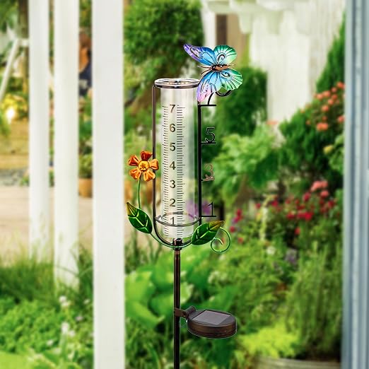 Solar Rain Gauge Outdoor with Metal Stake - 45" Decorative Butterfly Rain Gauge, 7 Inch Capacity Waterproof Yard Art Garden Decor with LED Light, Unique Gardening Gifts for Mom/Grandma/Family