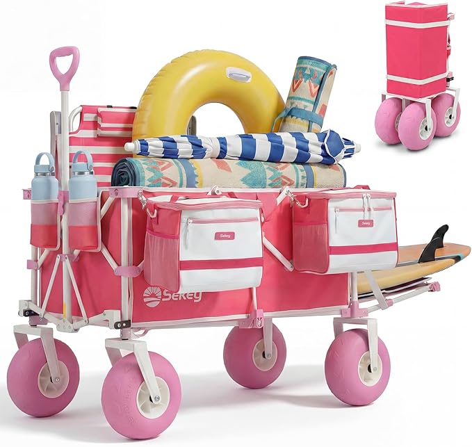 Sekey Heavy Duty Beach Wagon with 9" Big Sand-Proof Wheels, 300L Oversized Foldable Beach Cart with Cooler| Adjustable Handle & Balloon Tires for Sand, Camping,Vacation