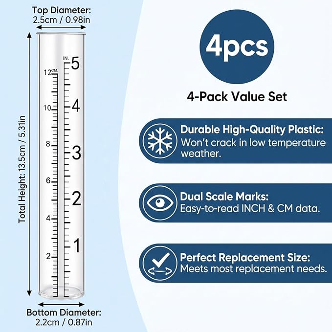 5" Capacity Rain Gauge Replacement Tubes, 4 Pcs Plastic Rain Gauges Tube for Garden Yard Home Outdoor, Clear Rain Gages