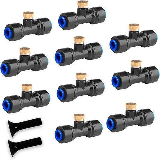 HOMENOTE 10 Pack Brass Misting Nozzles for Outdoor Cooling System, Mister Replacement Nozzles Tee and Plugs for 1/4" Tubing, Misting System Accessories for Patio, Garden, Greenhouse
