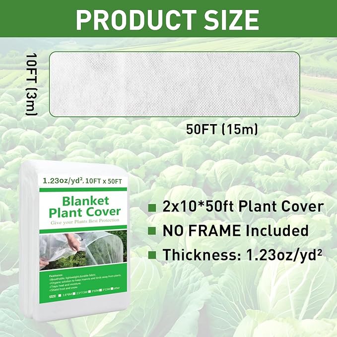 2 Pack 10ft x 50ft Plant Covers Freeze Protection, Frost Blanket for Outdoor Plants, Trees & Gardens, All-Season Winter Protection, Floating Row Cover for Vegetables, Shrubs & Raised Beds