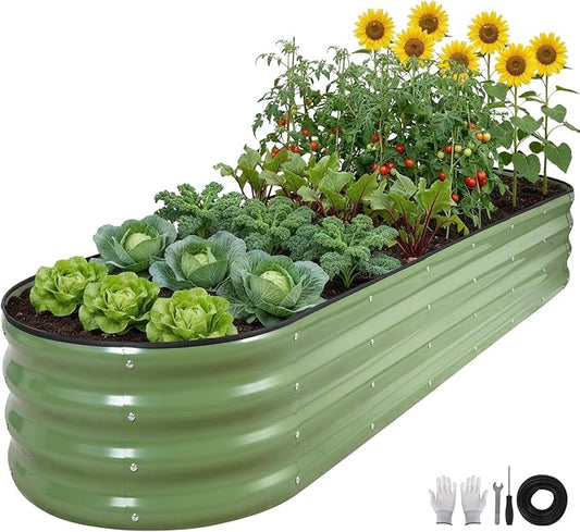 Galvanized Raised Garden Bed 1 Pack, 8x2x1ft Oval Metal Planter Box Outdoor with Support Rods & Corner Protection, Planter Beds for Vegetables, Fruits, Flowers (OliveGreen)