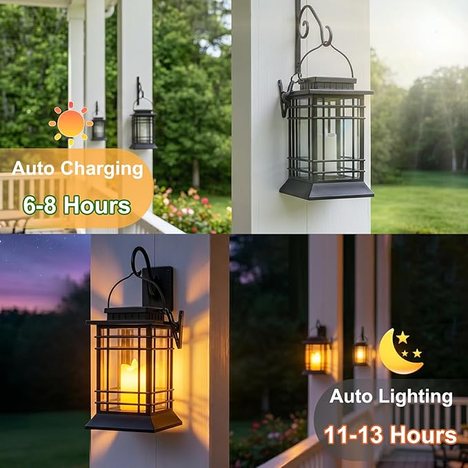Brightever 2-Pack Hanging Solar Lanterns Outdoor Waterproof, Lanterns Decorative Outdoor with LED Flameless Candle, Dual Modes (Flicker & Steady On), Solar Lantern Lamp for Patio Yard Table Garden