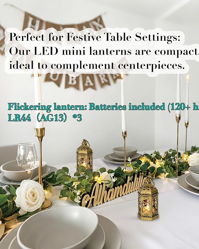 12-Pack Mini Gold Lanterns with Flickering LED Candles for Ramadan, Small Decorative Hanging Lanterns for Halloween, Christmas, Wedding, Lantern for Table Centerpiece, Garden Party Decor