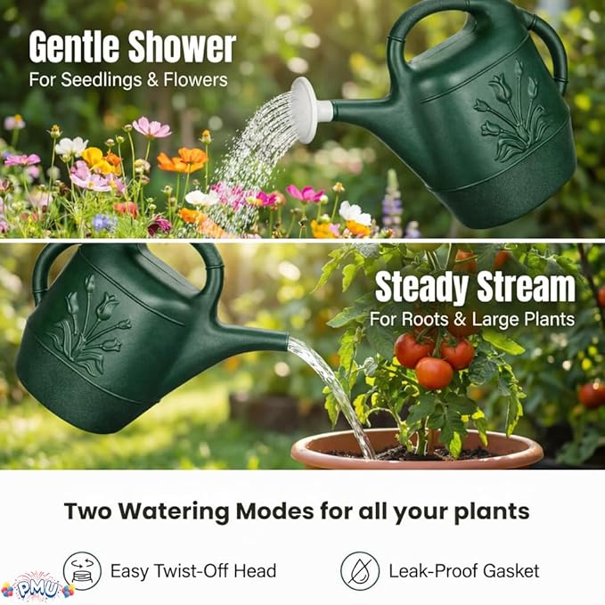 PMU 2 Gallon Watering Can - Garden Watering Can for Indoor & Outdoor Plants - Plastic Water Can with Detachable Sprinkler Head - Large Water Pot, Made in USA - Hunter Green Pkg/12