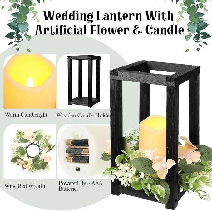 Hushee 30 Pcs Wooden Wedding Lantern Centerpiece Integrated Holders with Candles and Wreaths Rustic Wooden Candle Lantern Decor for Wedding Party Table Valentine Decor (Black)