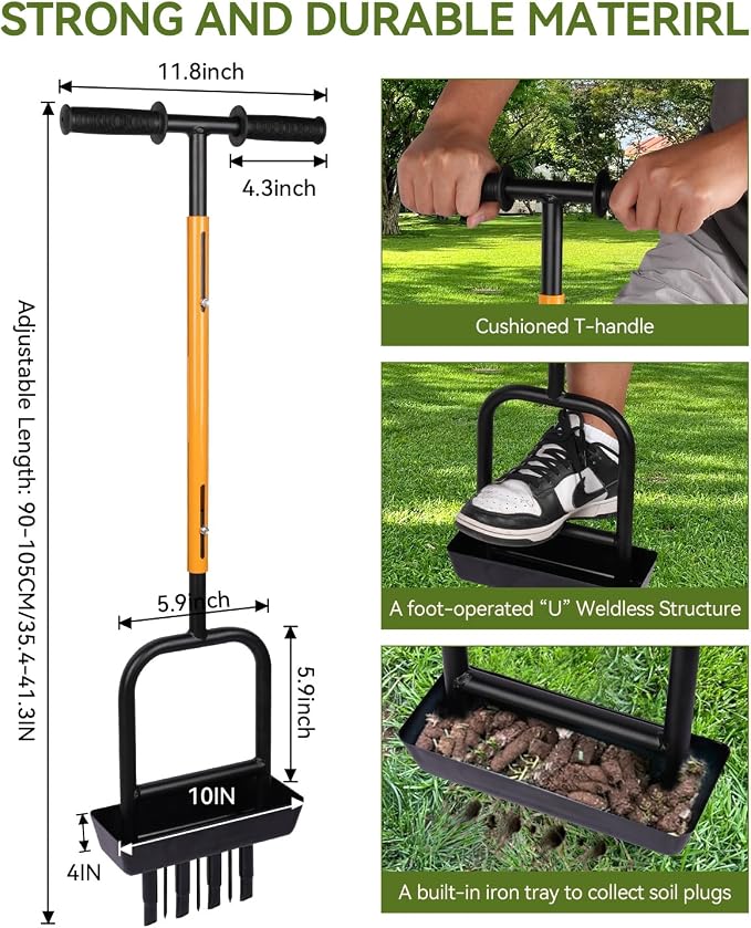2-in-1 Manual Lawn Aerator Tool with Soil Core Storage Tray - 41.3" Heavy Duty Carbon Steel Garden Core Aerator Lawn Tool- Multifunctional Spike & Plug Aerator for Compacted Soil