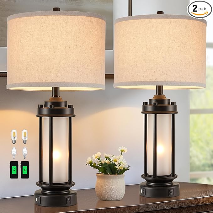 AIEAMPDO 25'' Set of 2 Modern Table Lamps for Bedroom with 2 USB C+A Ports | Black Retro Industrial Metal Lamp with Glass Nightlight Desk Lamp for Living Room Bedside End Table Office, 4 Bulbs Included