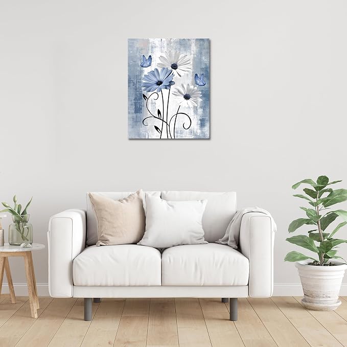 MYUSRE Blue and White Flower Wall Art for Bathroom, Farmhouse Daisy and Butterfly Paintings Rustic Wildflower Nature Plant Framed Canvas Wall Art for Living Room Bedroom Wall Decor, 24L X 16W inches