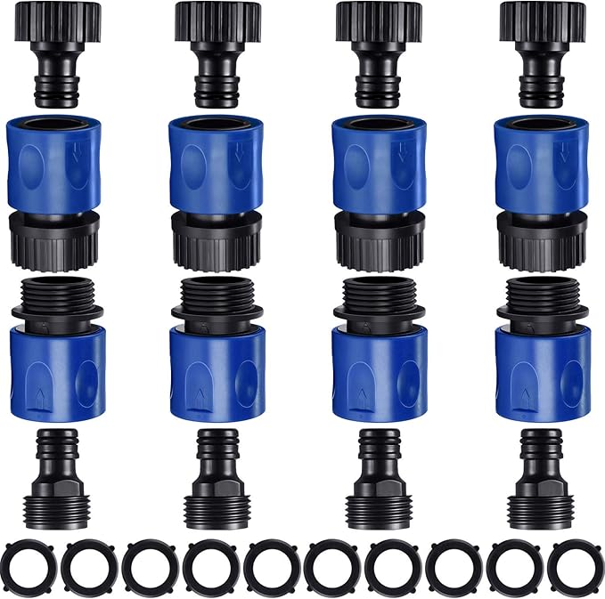 16 Pieces Garden Hose Quick Connector 3/4 Inch Plastic Water Hose Fittings Male and Female Connectors End Adapters with 10 Pieces Rubber Gaskets(Blue, Black)