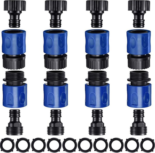 16 Pieces Garden Hose Quick Connector 3/4 Inch Plastic Water Hose Fittings Male and Female Connectors End Adapters with 10 Pieces Rubber Gaskets(Blue, Black)