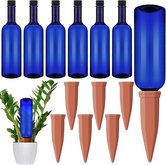 Teenyyou 12 Pcs Watering Spikes for Indoor Plants Include 6 Terracotta Self Watering Spikes Devices and 6 Pcs 26 oz Plastic Bottles Slow Release Vacation Insert Automatic(Blue)
