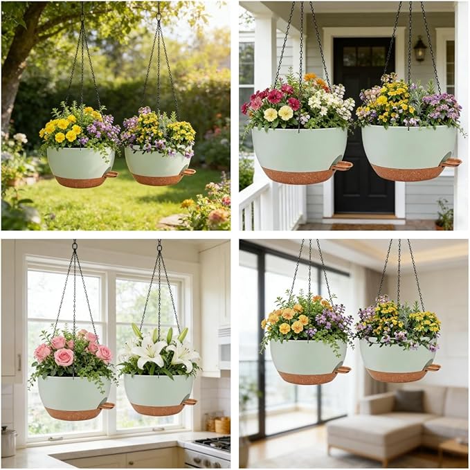 2 Pack 12" Self Watering Hanging Planters, Green Brown with Chains | Plastic hanging baskets with 43 Oz removable reservoir, for indoor outdoor plants, patio porch garden balcony decor