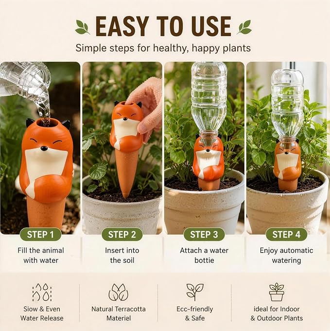 Terracotta Watering Spikes, Self Watering Globes Cute Animal Design Plant Waterers, Automatic Irrigation Stakes for Indoor & Outdoor Plants