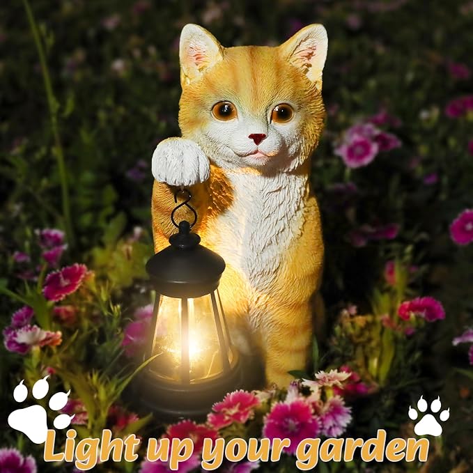 WONDER GARDEN Solar Cat Garden Statue - Outdoor Cat Statues, Orange Cat Figurines with Solar Lantern Light for Patio, Yard, Lawn, Gardening Gifts for Women and Mom(11" Orange Cat)