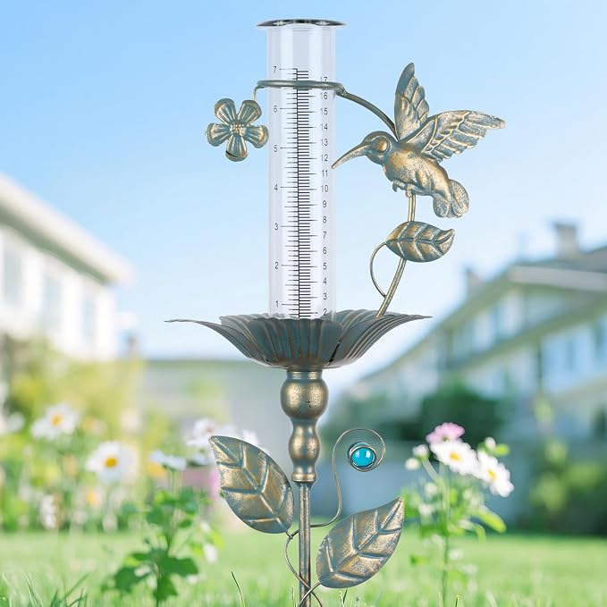 Rain Gauge Outdoor - 7" Glass Rain Gauges Tube - Hummingbird Rain Gauge Outdoor Decorative for Yard Garden, Freeze Proof Height Adjustable, Metal Water Gauge for Rain