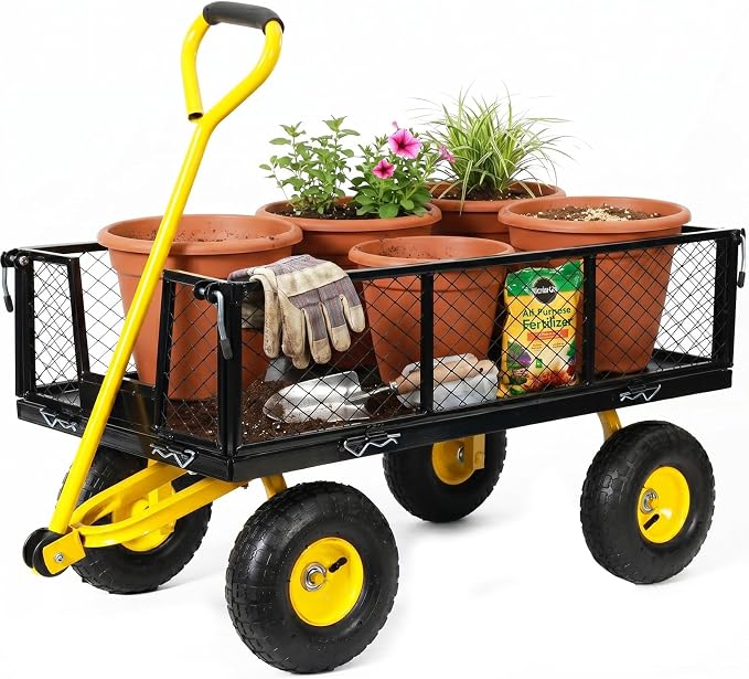 SUNNYFEEL Heavy Duty Garden Cart, 500 LBS Capacity Metal Mesh Utility Wagon with 10" Flat-Free Wheels, Removable Sides, 180 Adjustable Handle, All Terrain Yard Cart for Gardening, Firewood