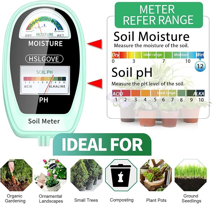 HSLGOVE Soil Test Kit, 2-in-1 Soil Moisture Meter/Soil PH Meter, Dual Screen Soil Tester, Soil Moisture Meter for Plants Watering/Gardening for Lawn,Farm Indoor&Outdoor Use-Soft Green