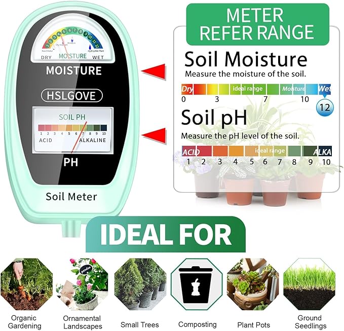 HSLGOVE Soil Test Kit, 2-in-1 Soil Moisture Meter/Soil PH Meter, Dual Screen Soil Tester, Soil Moisture Meter for Plants Watering/Gardening for Lawn,Farm Indoor&Outdoor Use-Pale Green