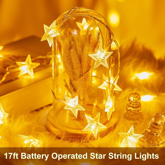 Minetom Star String Lights Battery Operated - 17 ft 50 LED Star Fairy String Lights with Timer, Waterproof for Indoor Bedroom Tent Loft Bed Patio Party Wedding Ramadan Decorations, Warm White