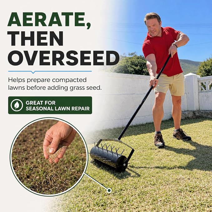 Manual Roller Lawn Aerator with Pre-Attached Spikes, Easy-to-Assemble | Designed For Seasonal Lawn Care, Heavy-Duty Roller with Adjustable Weight, Pre-Attached Spikes, and Easy Assembly