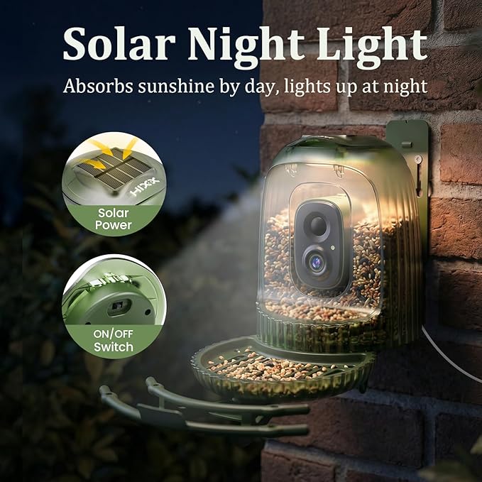 HIXX Smart Bird Feeder with Camera, Auto Capture 2.5K Video, AI Bird Identification, No Mess Seed Guard, Solar Powered Night Light, Live Birdwatching Camera for Dad, Grandpa, Birdlovers