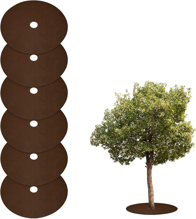 HARFINGTON 6pcs Tree Mulch Ring 24.4 Inch Non-Woven Round Tree Protector Weed Barrier Mat Plant Cover Rings for Weed Grass Control Root Protection, Brown