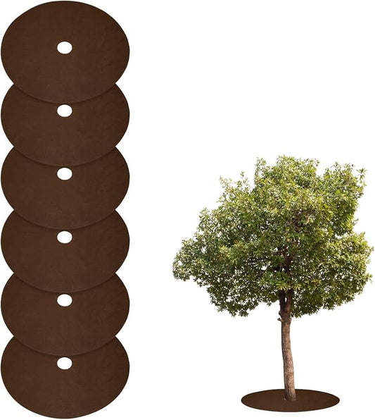 HARFINGTON 6pcs Tree Mulch Ring 24.4 Inch Non-Woven Round Tree Protector Weed Barrier Mat Plant Cover Rings for Weed Grass Control Root Protection, Brown