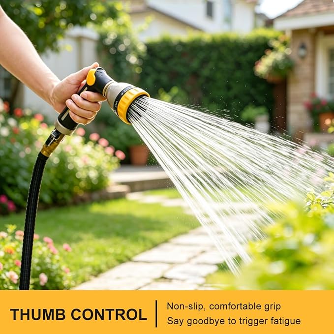 FANHAO Garden Hose Nozzle, 100% Heavy Duty Metal Spray Nozzle with Thumb Control, High Pressure Water Nozzle with 8 Adjustable Spray Patterns for Watering Plants, Washing Cars and Showering Pets