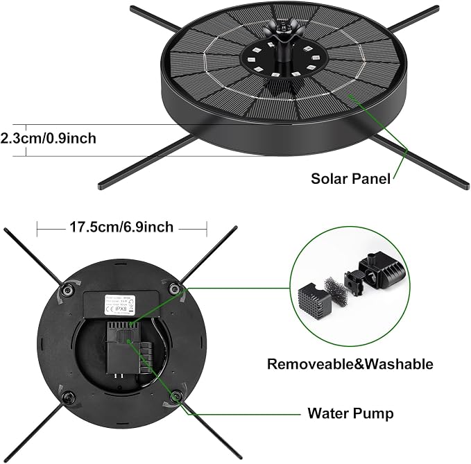 SEIRMEP Solar Fountain Pump with 3 Spray Height Adjustments, Upgraded Glass Solar Bird Bath Fountains with LED Lights,6 Nozzles,Outdoor Solar Water Fountain for Bird Bath, Garden, Pool, Pond (Black)