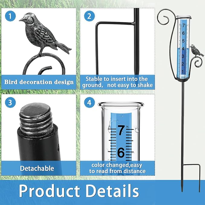 Rain Gauge Outdoor, Accurate rain gauges Outdoors Best Rated, Tall rain Gauge for Yard with Stake, Decorative rain Measure Gauge for Garden, Deck, Lawn with Large Numbers, Adjustable Height