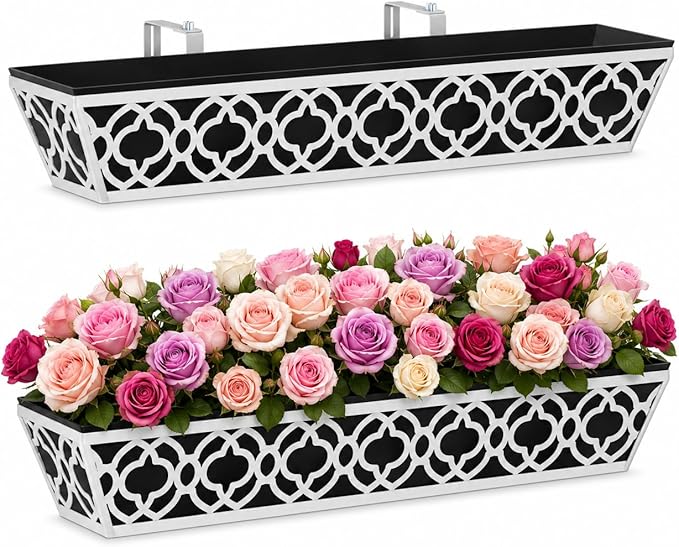 2 Pack 30 Inch Railing Planter Boxes with Adjustable Brackets & Non-Woven Liner, Deck Window Hanging Flower Box for Balcony, Fence, Patio, Outdoor Garden, Gray