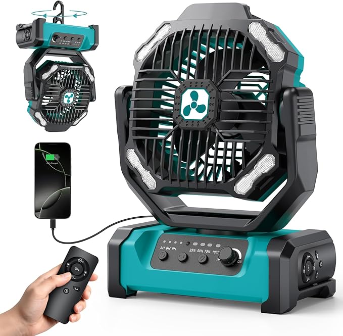 ONLYNEW Camping Fan 20000mAh Portable Fans USB C Rechargeable Battery Powered Fan with LED Lantern & Remote, Oscillating,Timer, Remote Auto, Hook for Tents Travel Outdoor Camp Beach Home Gifts Green