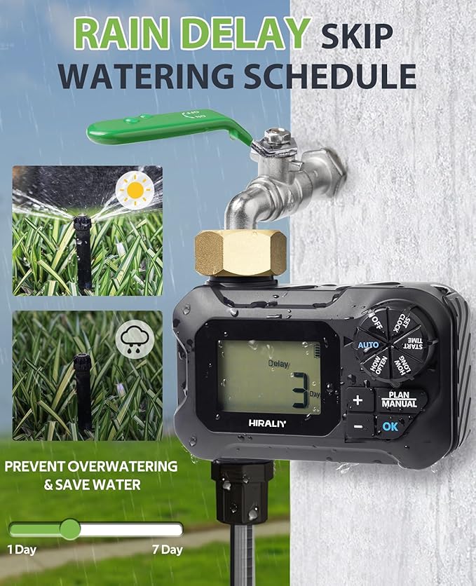 HIRALIY Water Timer for Garden Hose, Programmable Sprinkler Timer Outdoor, for Irrigation System Garden Watering, Rain Delay/Manual Mode, Brass Connector, IP65 Waterproof