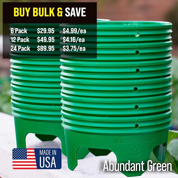 7 inch solid Planting Grow Rings | 24 Pack Green | One-Piece Design for Deep Root Watering Veggies, Herbs & Flowers | Mulch & Soil Barrier | Deter Slugs and Cutworms | Heavy Duty | Made in USA