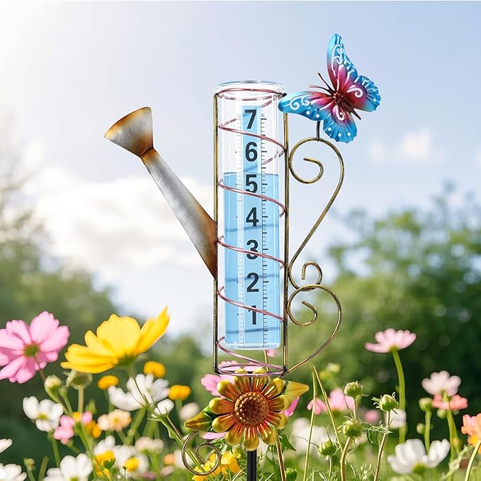 WONDER GARDEN Rain Gauge Outdoor, Decorative Kettle-Shape Rain Gauges Outdoors Best Rated, Freeze Proof Glass Water Rain Measure Gauge with Butterfly for Yard Patio Lawn Decor
