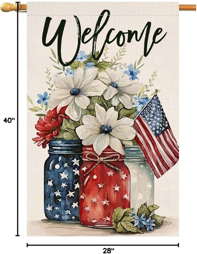 4th of July Floral House Flag 28 x 40 Vertical Double Sided Patriotic Mason Jar Flowers Red Blue Memorial Day Independence Day Holiday Outside Decorations Burlap Yard Flag BW321-40