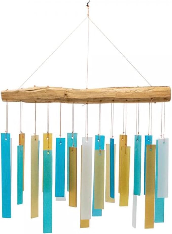Blue Handworks Caribbean Beach Glass and Driftwood Chime - Sandblasted Glass and Found Wood Hand Crafted Wind Chime