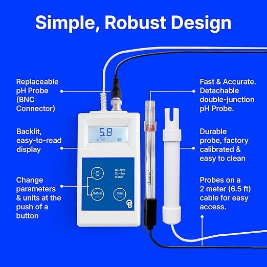 Bluelab Combo Meter for pH, Temperature & Conductivity in Water - Easy Calibration, Digital EC/TDS/PPM Tester for Hydroponics & Indoor Plants (METCOM)